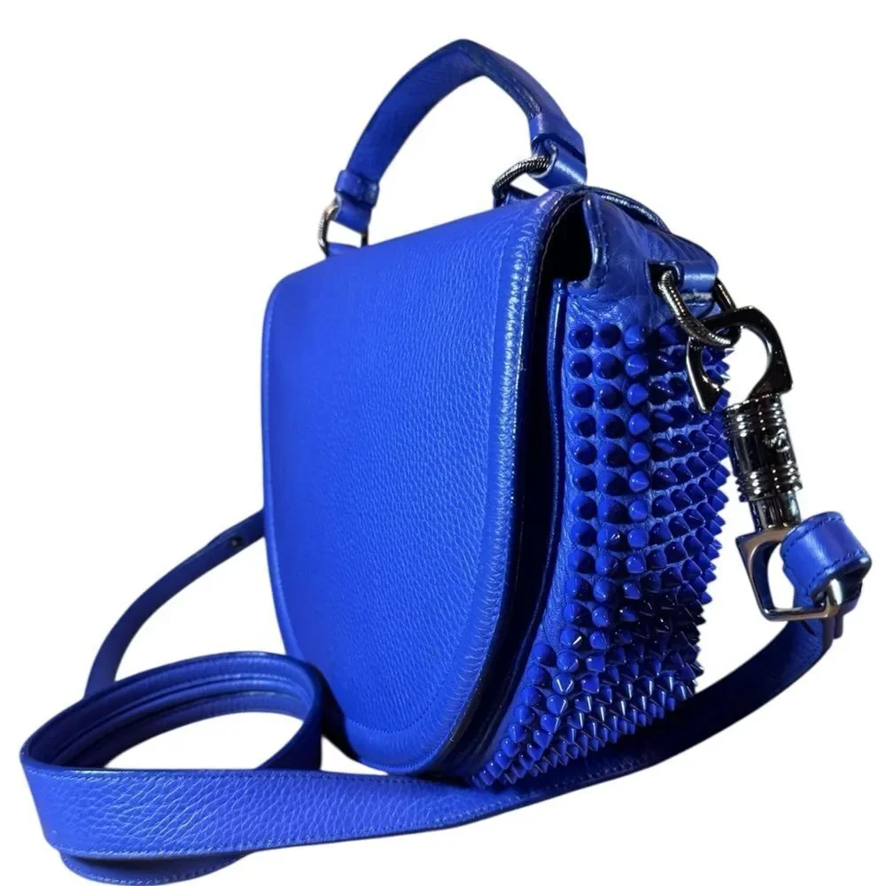 CHRISTIAN LOUBOUTIN Blue Leather Panettone Spiked Messenger Crossbody Bag